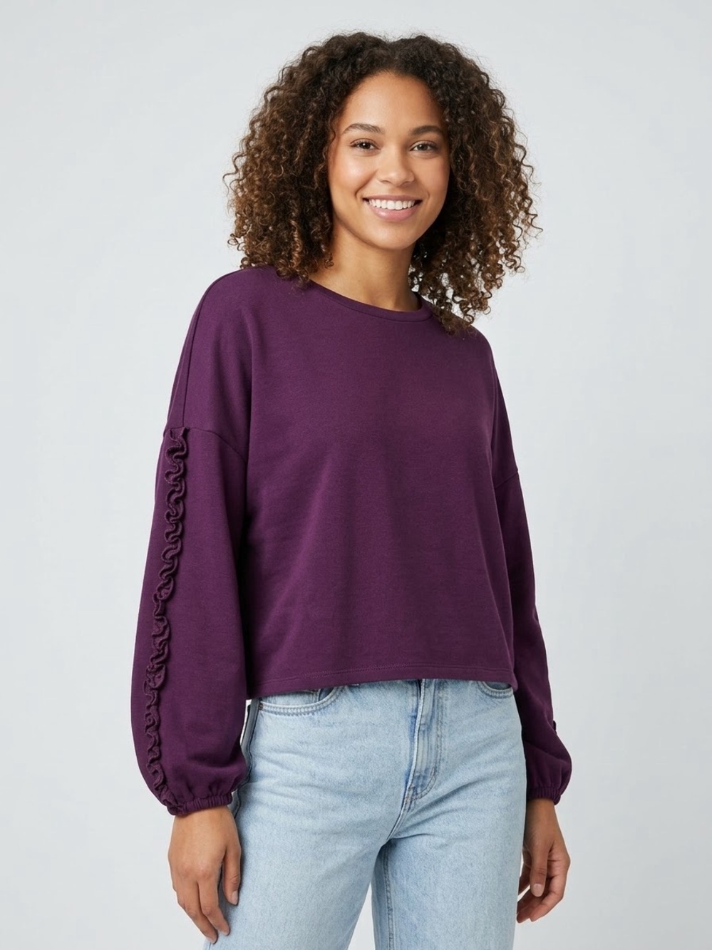 Tresics Plum Purple Ruffle-Trim Balloon Sleeve Sweatshirt Top, Size Medium